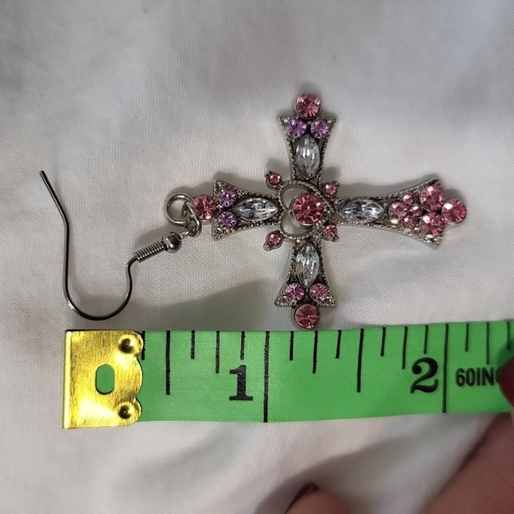 NEW Pink & Clear Rhinestones Cross dangle earrings - Picture 6 of 9